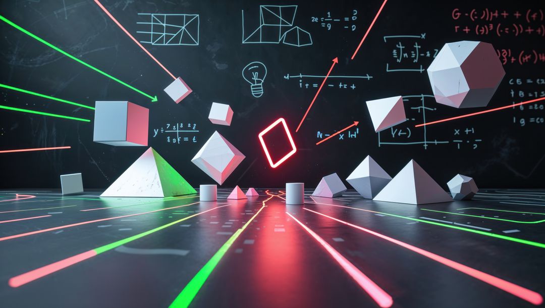 Geometric Solids Hovering Over Neon Floor with Chalkboard Formulas
