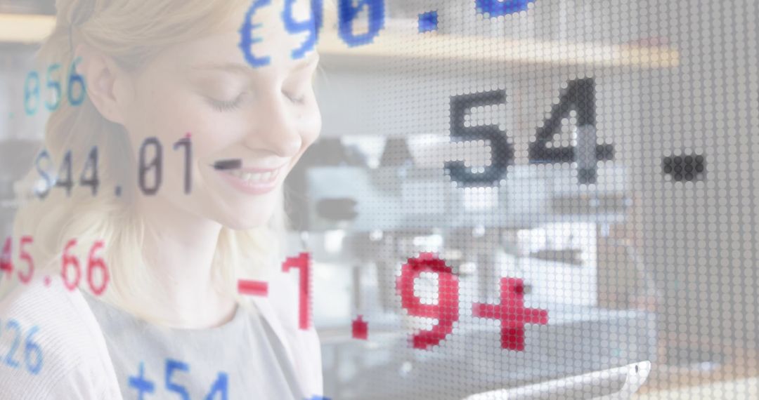 Woman Engaging with Financial Data on Tablet in Coworking Office