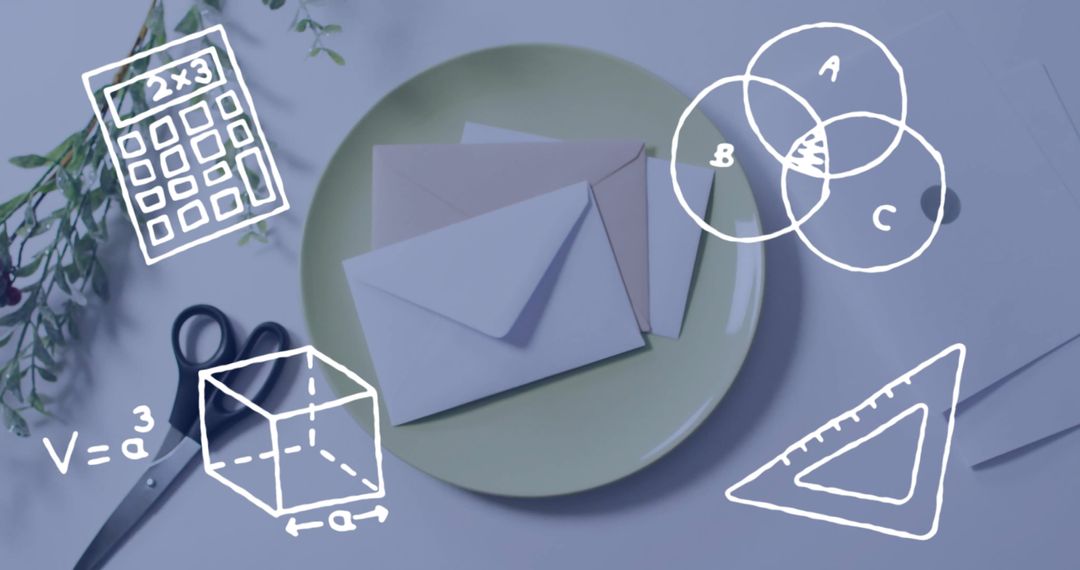 Creative Workspace with Stationery and Mathematical Illustrations