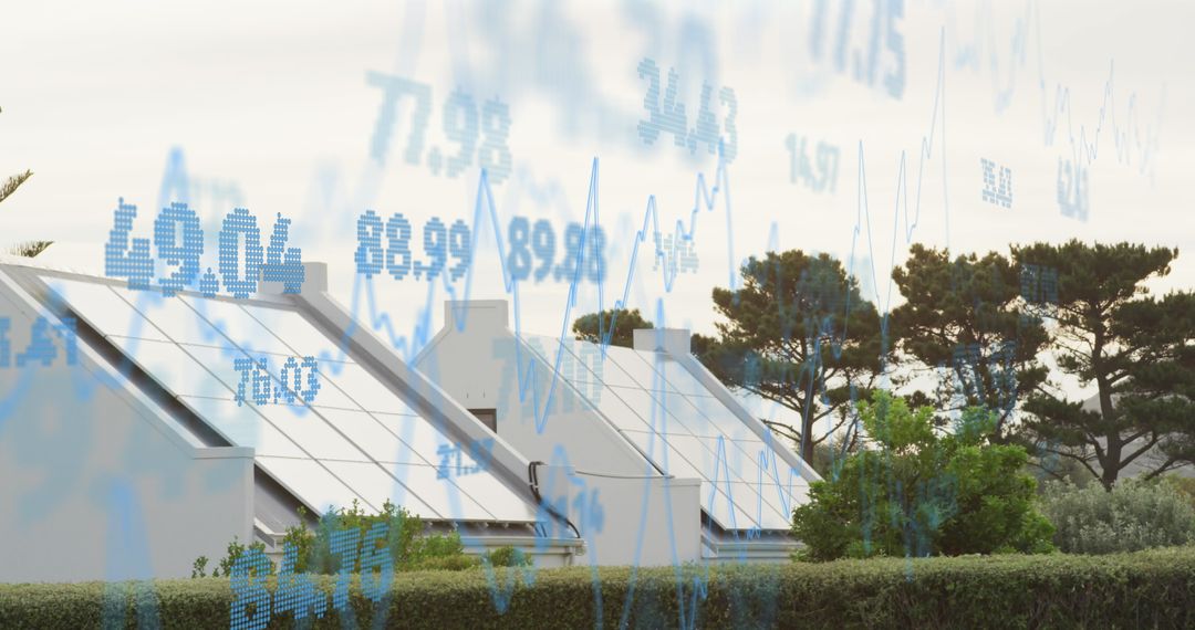 Digital Financial Data Overlay on Modern Houses