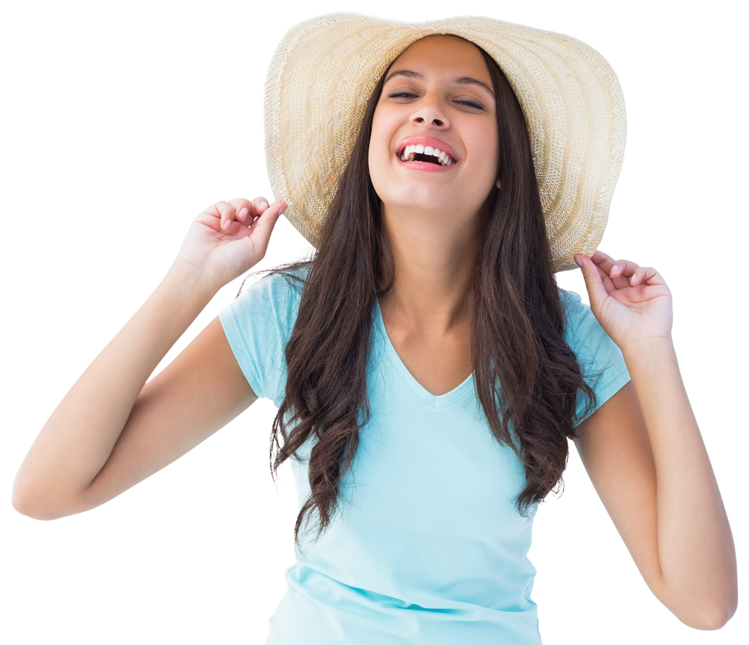 Joyful Woman in Blue Top Wearing Straw Sunhat with Transparent Background - Download Free Stock Images Pikwizard.com