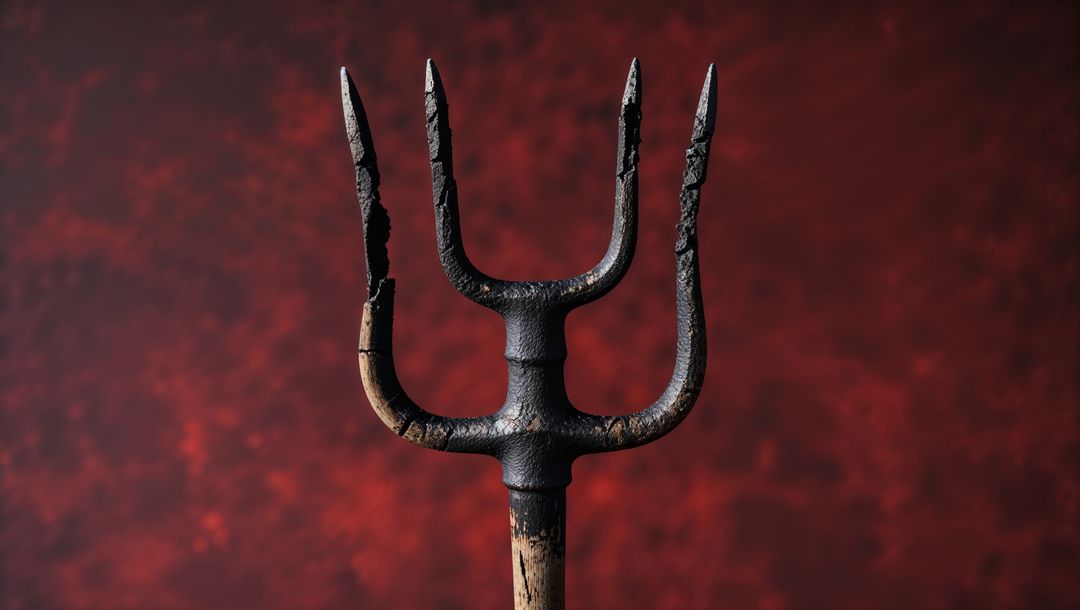 Aged Pitchfork with Wooden Handle Against Red Backdrop Reveals Rustic Charm