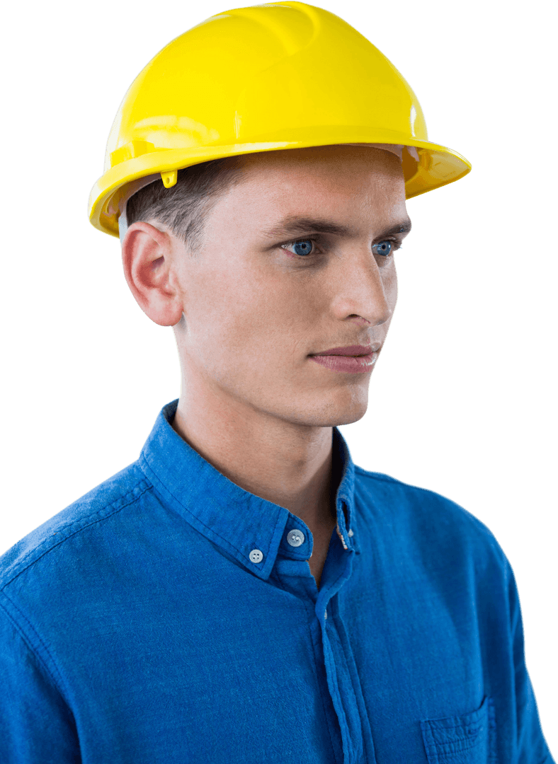 Confident Engineer Wearing Yellow Hard Hat on Transparent Background