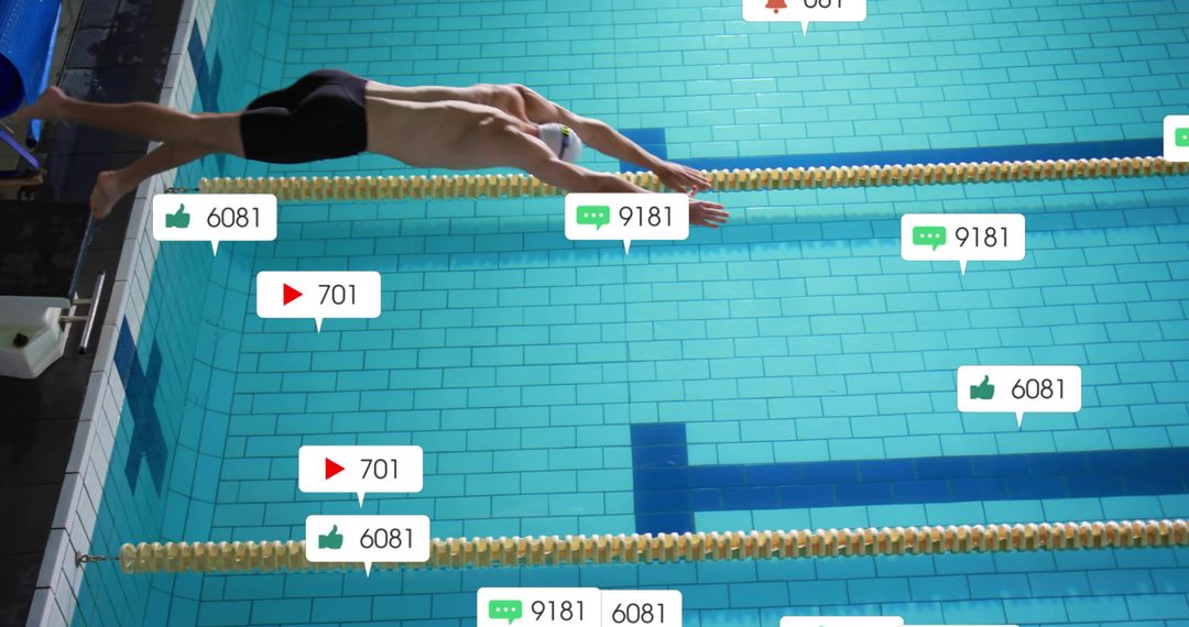 Competitive Diver Launching Over Turquoise Pool with Social Media Engagement Overlays