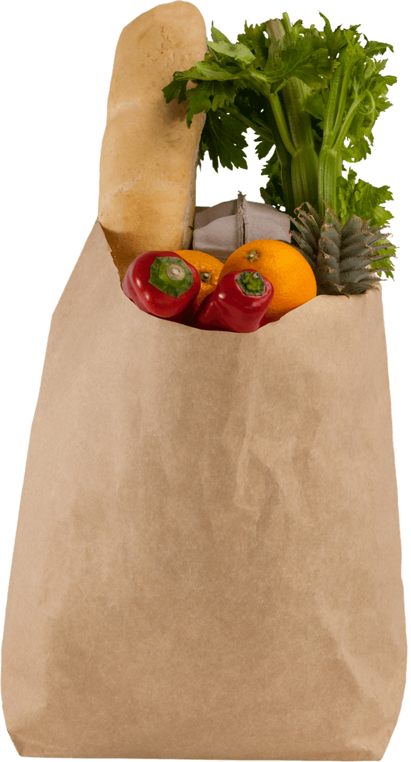 Paper Grocery Bag on Transparent Background Filled with Fresh Produce