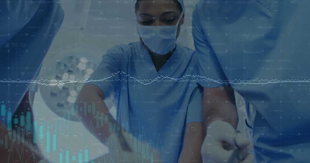 Surgical Team Analyzing Data with Futuristic Insights