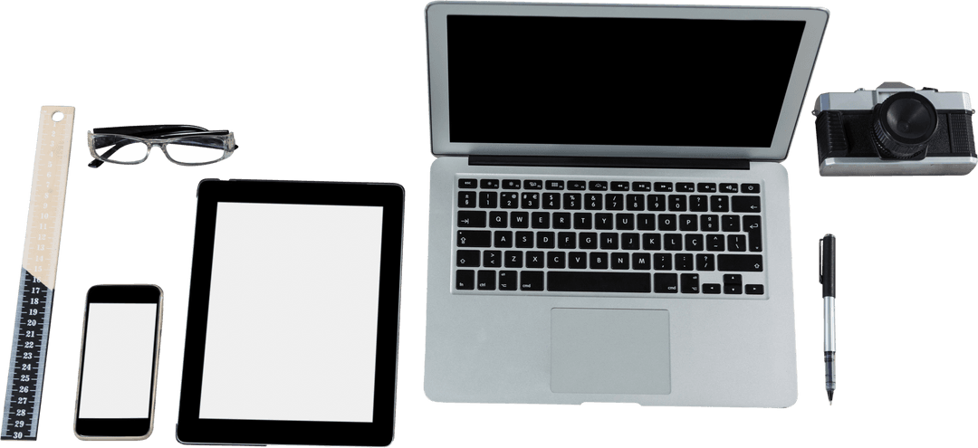 Transparent Tech Devices with Office Accessories on Display