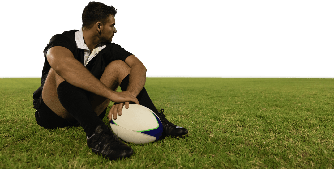 Transparent Rugby Player Resting on Field with Ball in Daylight