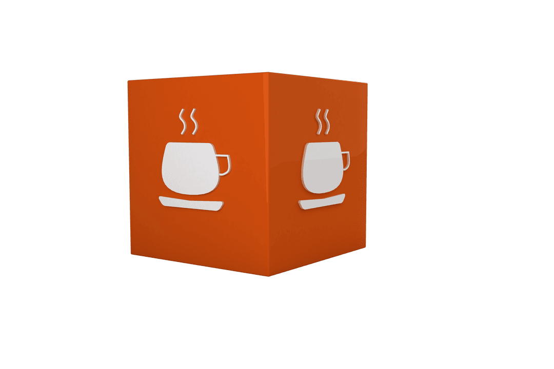 3D Brown Cube with Cup Symbols on Transparent Background