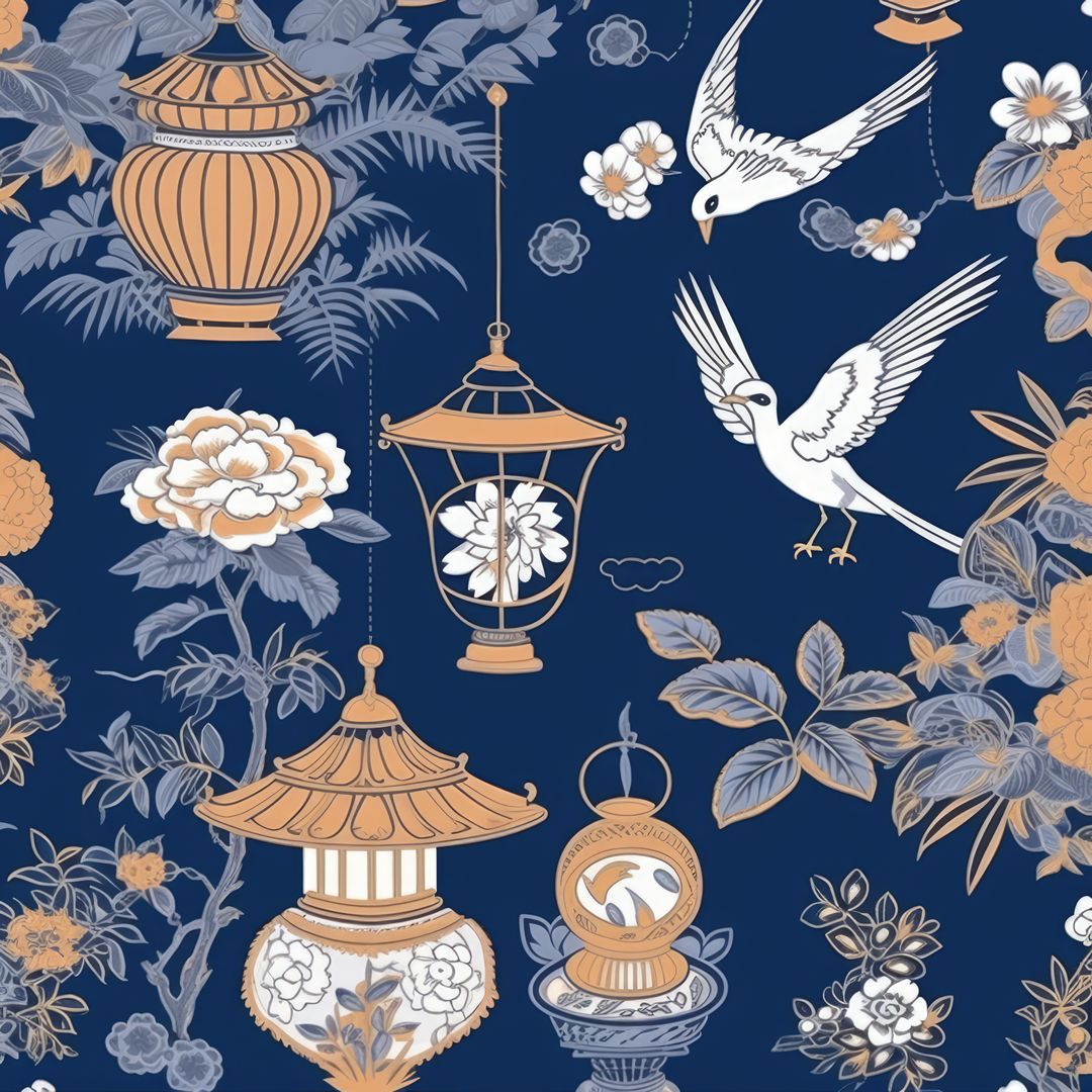 Repeatable pattern of chinoiserie on blue background, created using generative ai technology - Free Images, Stock Photos and Pictures on Pikwizard.com