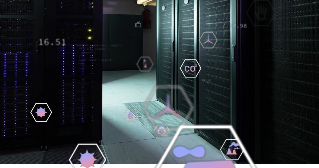 Digital Eco Icons Over Modern Data Center Server Room