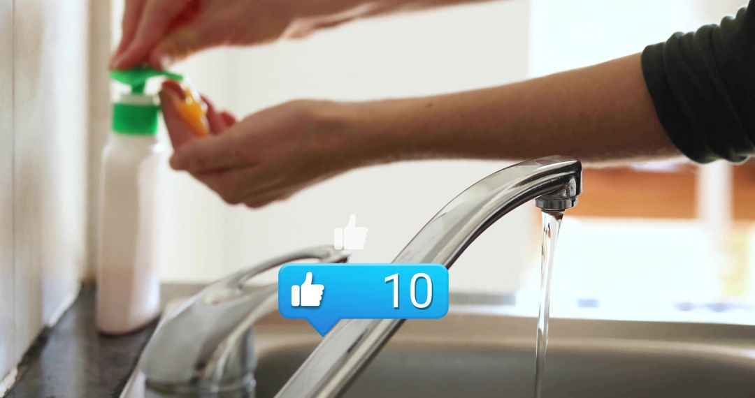 Hands Washing Sponge Under Running Kitchen Faucet with Soap Dispenser
