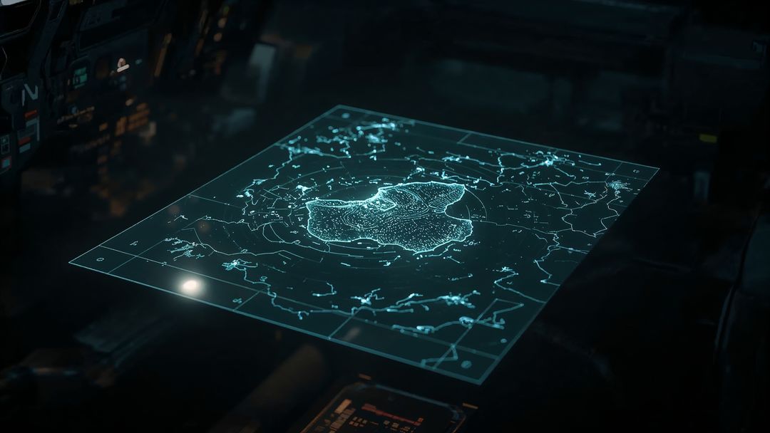 Futuristic Holographic Map Interface in Control Console