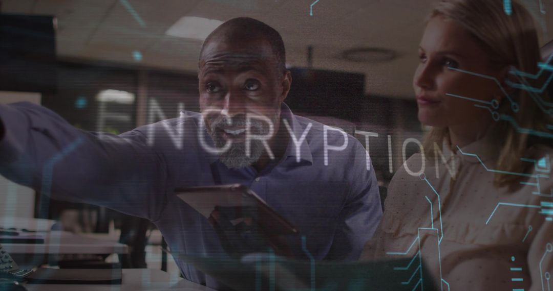 Senior IT Specialist Discussing Cybersecurity with Encryption Overlay