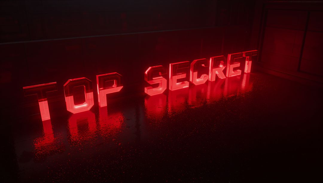 Glowing TOP SECRET Neon Letters Casting Red Reflections on Wet Industrial Floor