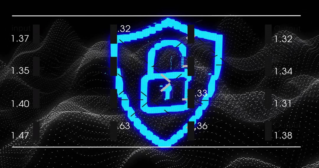 Neon Blue Pixelated Shield with Padlock in Virtual World