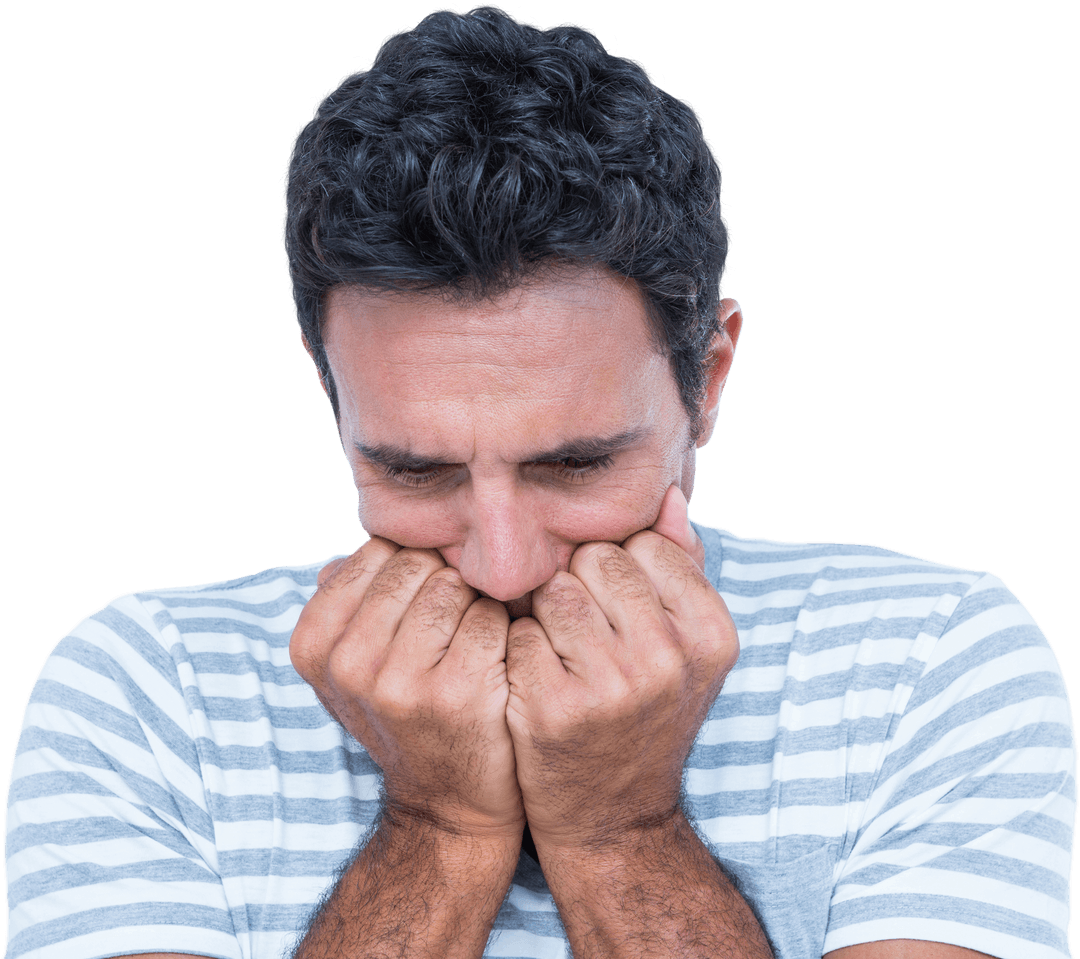Upset Man Covering Mouth in Thoughtful Pose Transparent Background