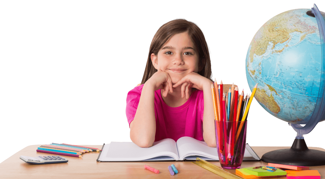 Smiling Girl Studying with Kit at Transparent Table