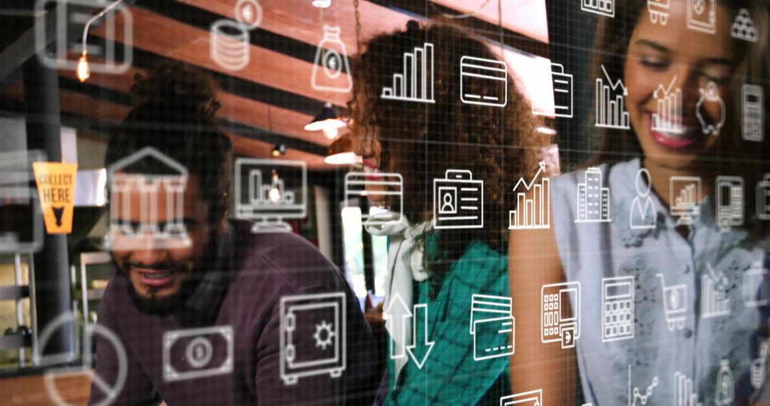 Colleagues Analyzing Data with Icon Overlay at Modern Office