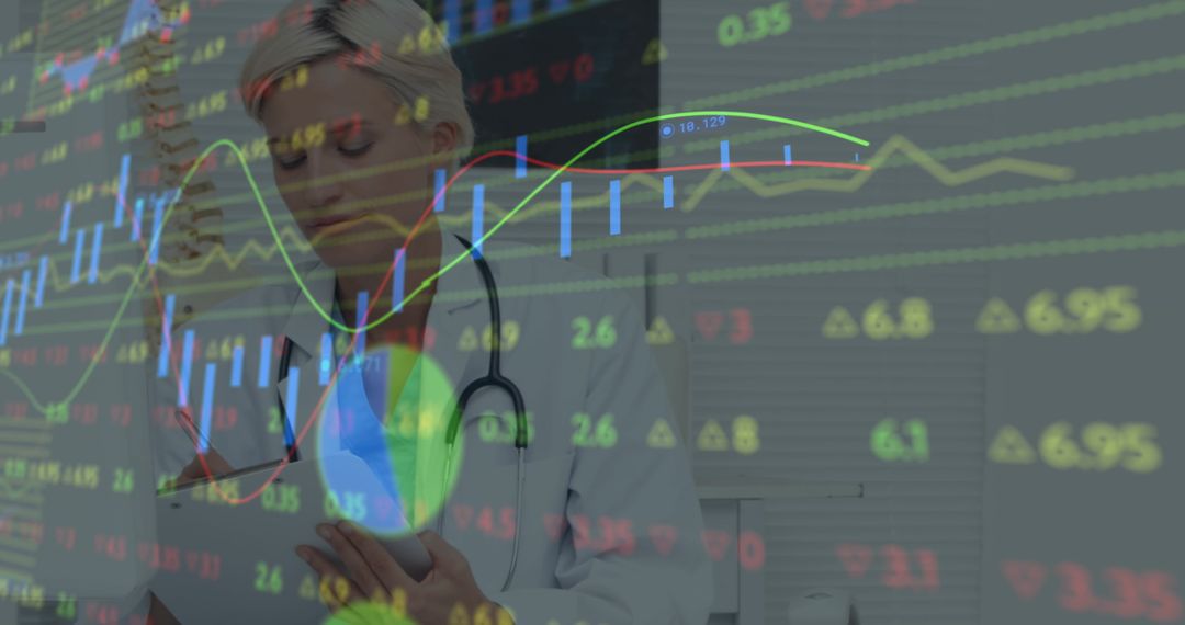 Female Doctor Analyzing Data with Graphs Overlay
