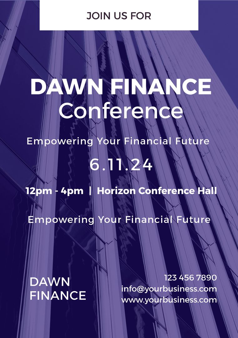 Dawn Finance Conference Promotional Poster on Modern Skyscraper Background - Download Free Stock Templates Pikwizard.com