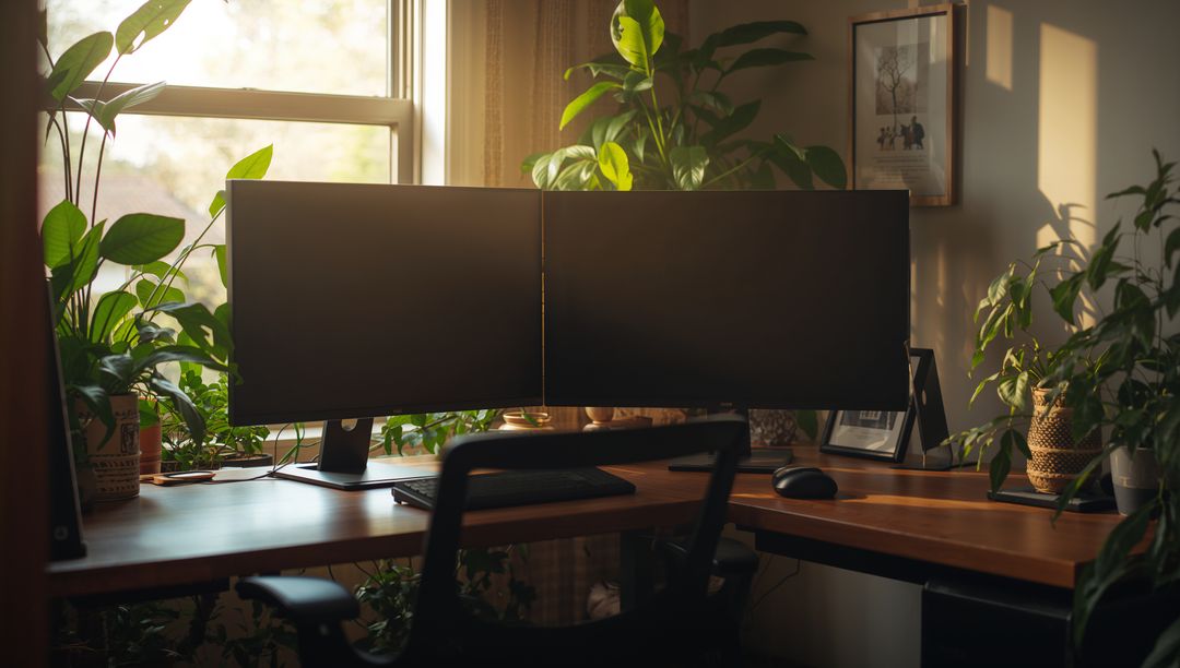 Modern Home Office with Dual Monitors and Lush Greenery