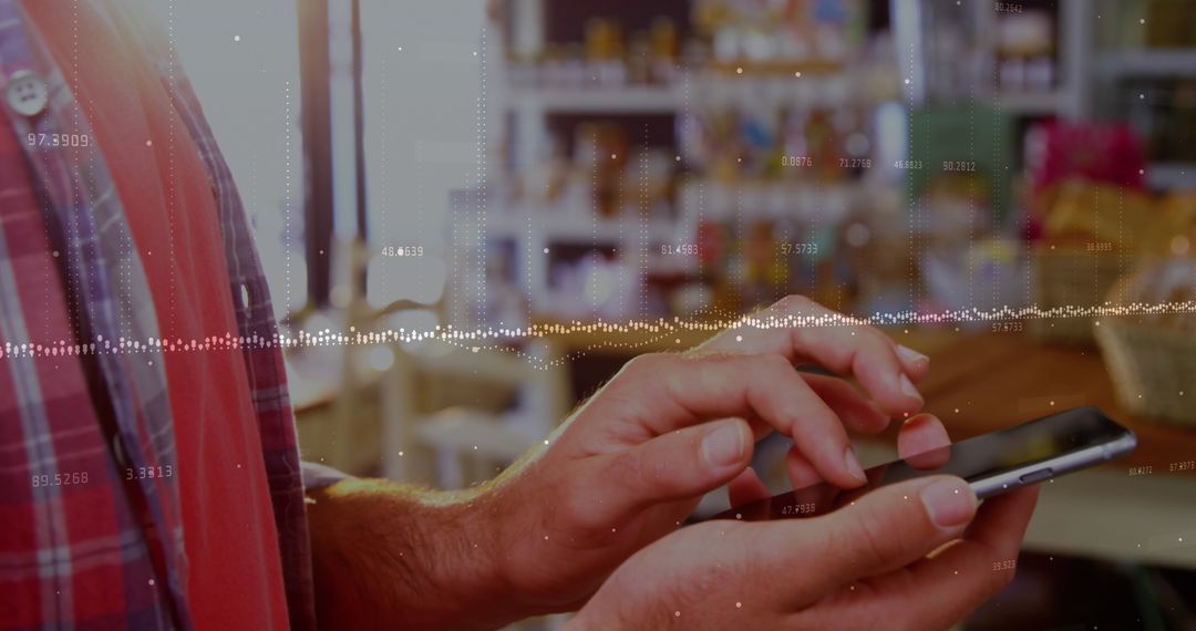 Hands using smartphone with digital data interface concept