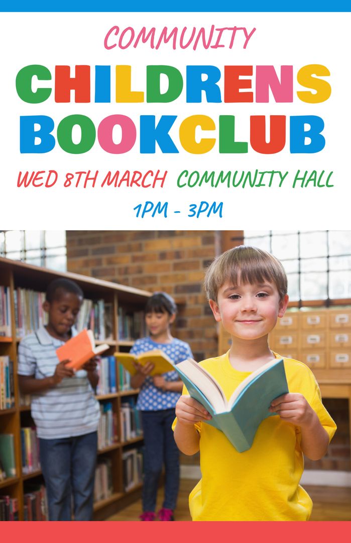 Vibrant Children's Book Club Flyer in Library Setting