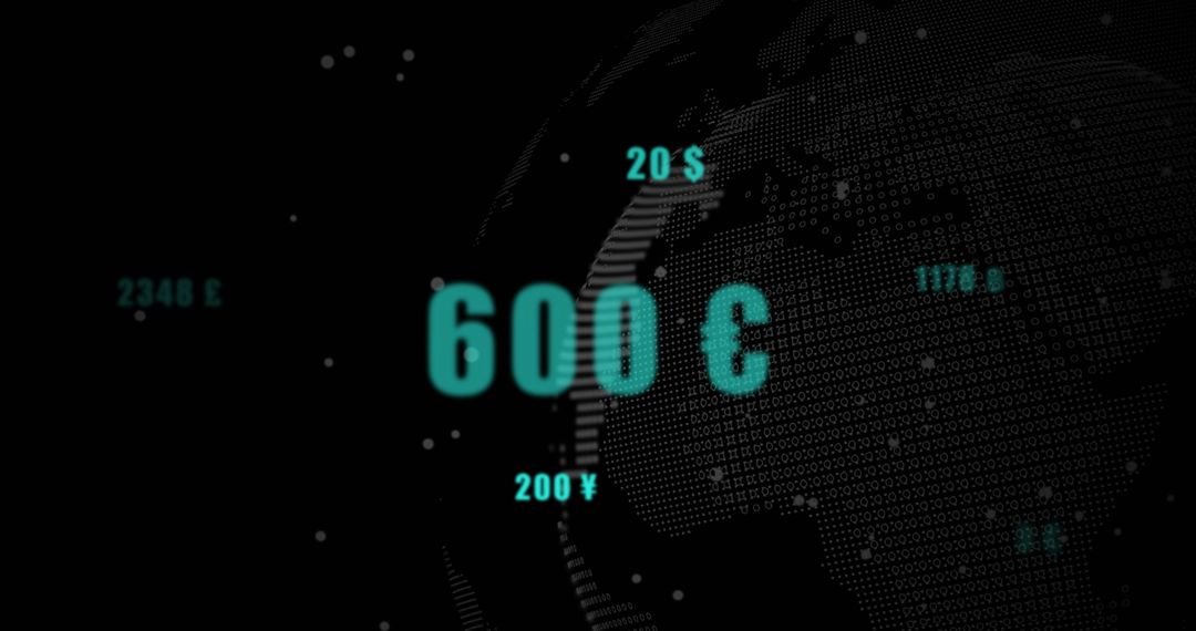 Teal 600 £ Dominating Digital Dashboard Over Dotted Globe with Currency HUD and Data