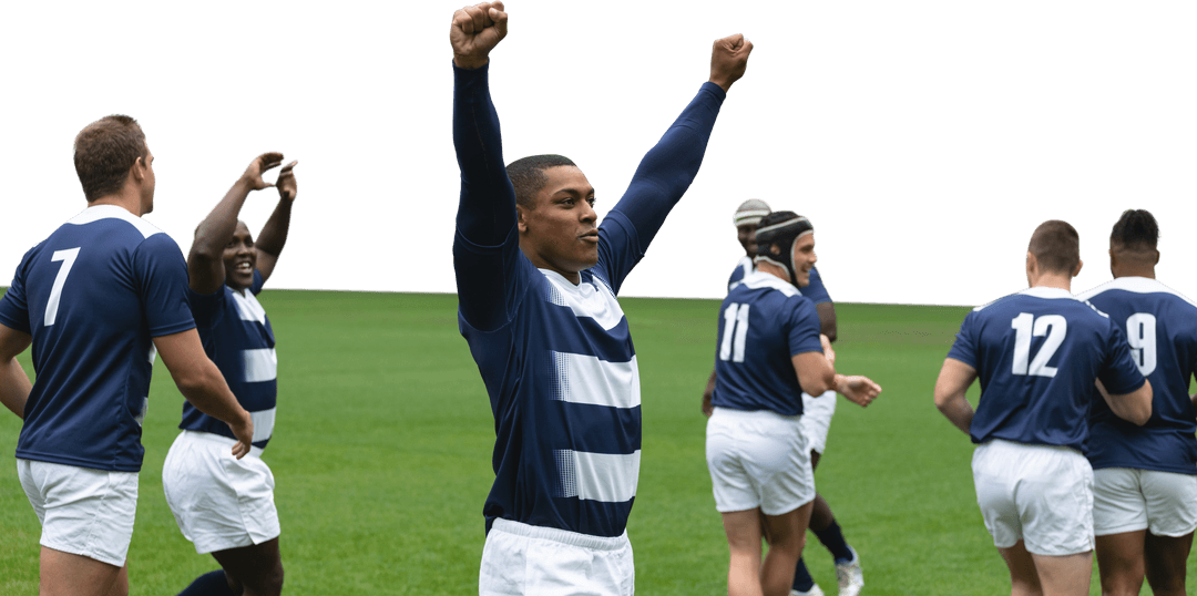 Diverse rugby team celebrating victory on transparent background
