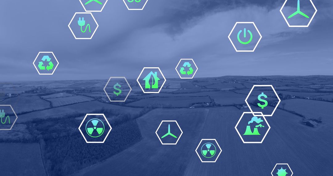 Eco-Friendly Technology and Data Icons Over Rural Landscape