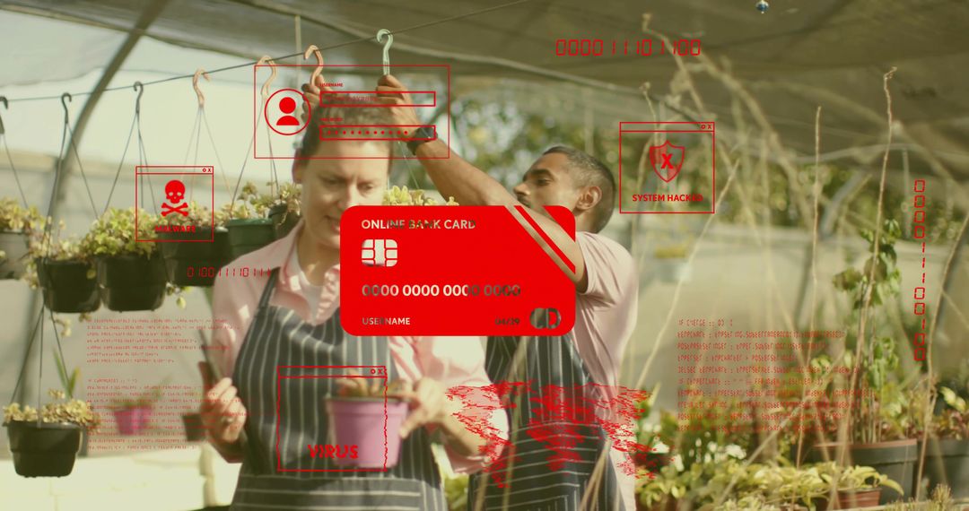 Gardeners Wearing Aprons Working in Greenhouse with Red Credit Card Cyberattack Overlay