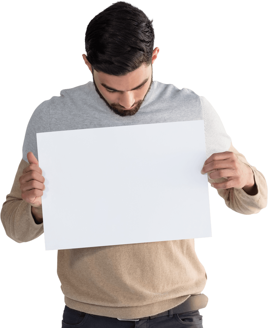 Young Man Holding Transparent Blank Signboard and Looking Down