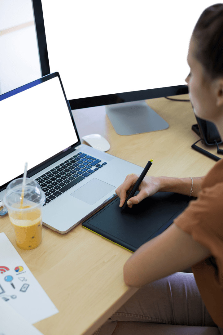 Transparent Female Artist Using Tablet for Design in Office