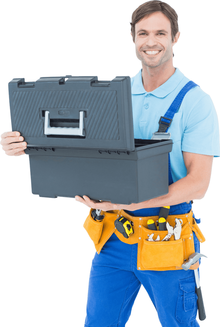 Confident Carpenter Holding Tool Box on Transparent Background