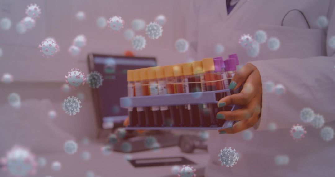 Scientist Analyzing Blood Samples with Digital Virus Overlay
