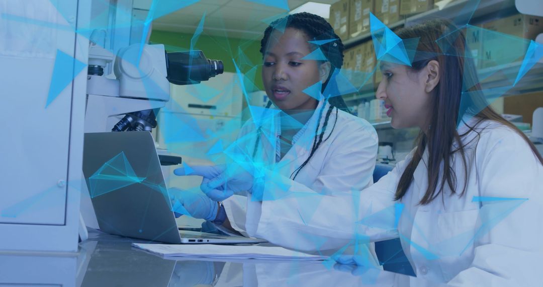 Diverse Scientists Collaborating with Digital Overlay in Laboratory