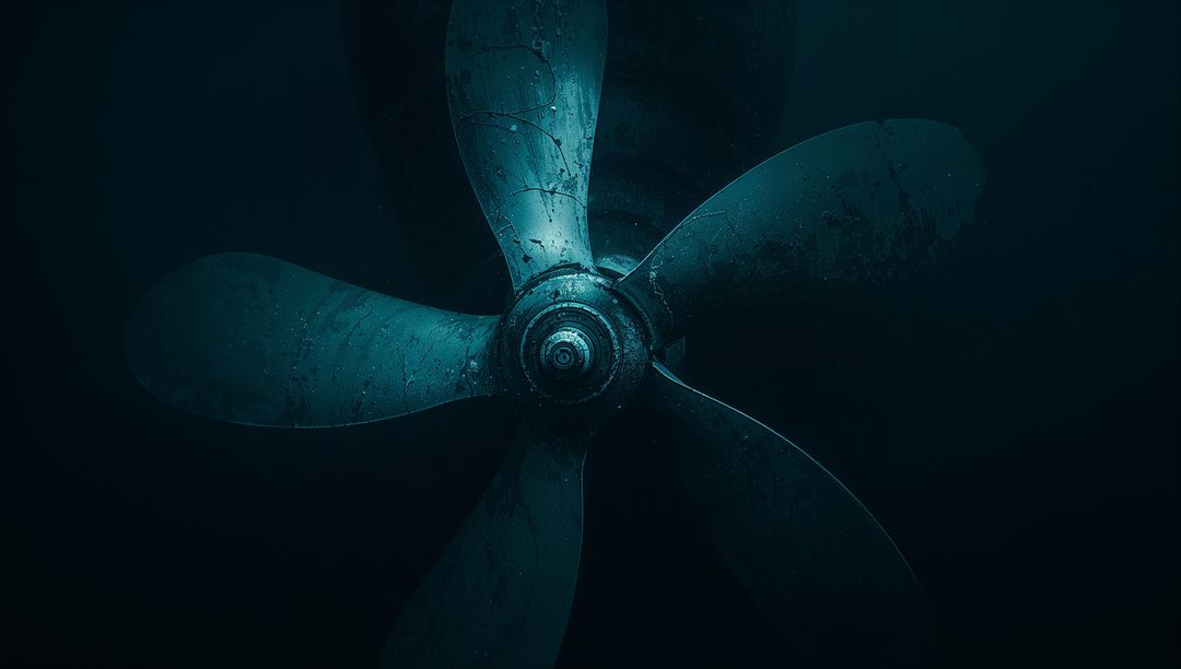 Five-blade ship propeller rotating underwater with corrosion and barnacle encrustation