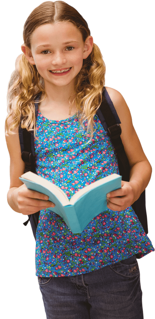 Smiling Young Girl Reading Book with School Backpack