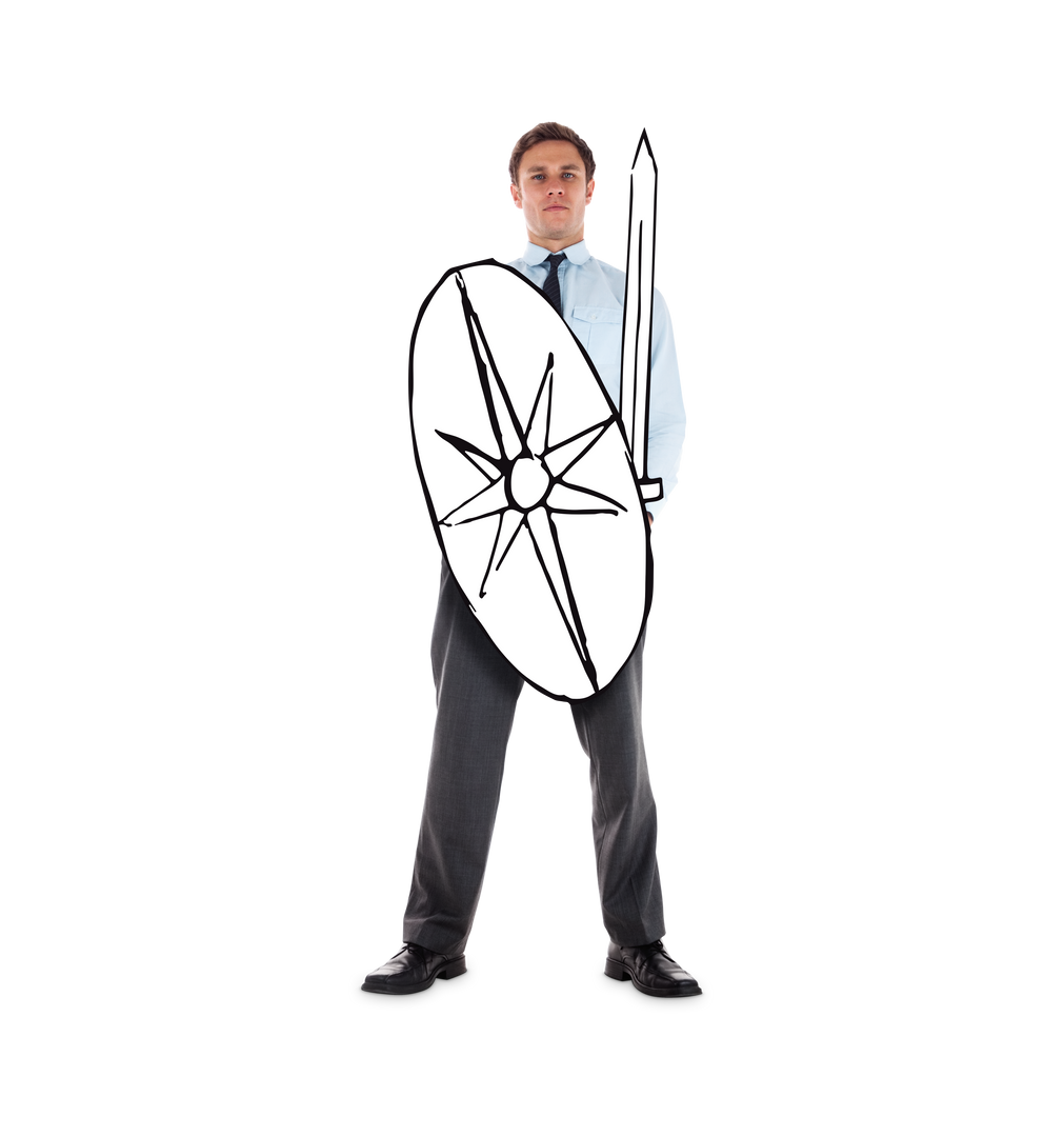 Serious Caucasian Businessman With Sword and Shield on Transparent Background - Download Free Stock Images Pikwizard.com