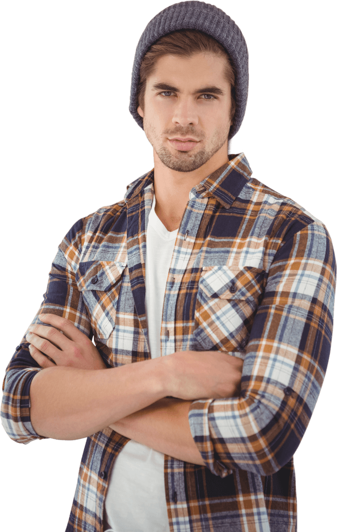 Confident Hipster Man in Checkered Shirt with Arms Crossed Transparent Background