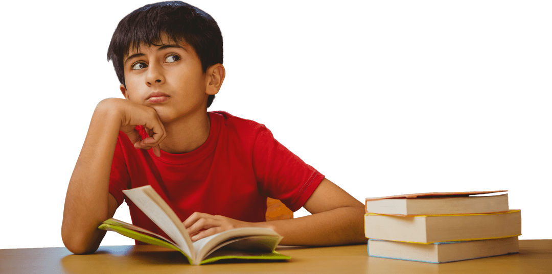 Thoughtful Little Boy Reading Book with Transparent Classroom Background