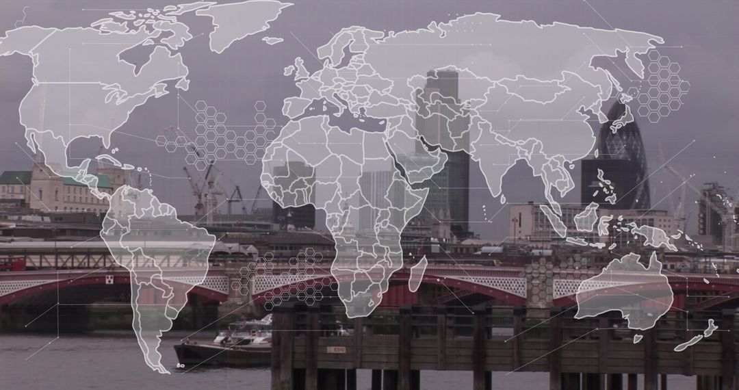 Futuristic World Map Overlay with London Cityscape Background