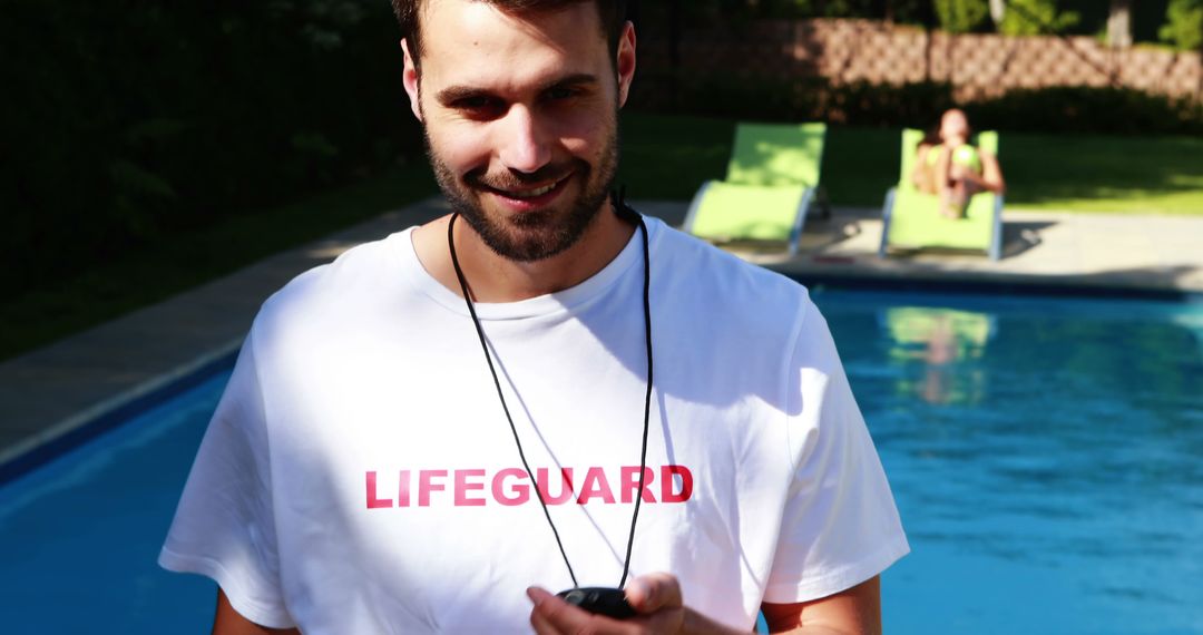 Confident Lifeguard Holding Stopwatch at Poolside in Summer - Free Images, Stock Photos and Pictures on Pikwizard.com