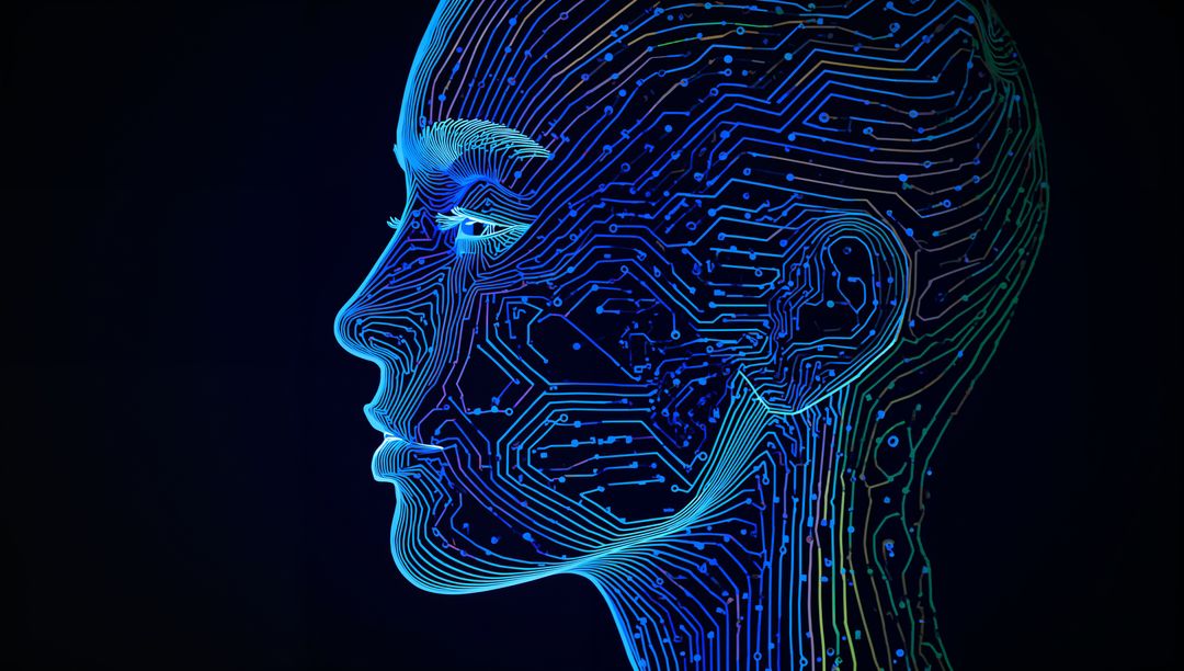 Neon circuit head outlining human profile with glowing neural network lines and nodes