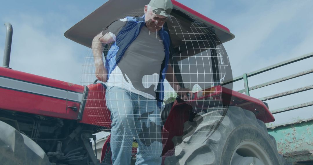 Senior Farmer Operating Red Tractor on Sunny Farming Day