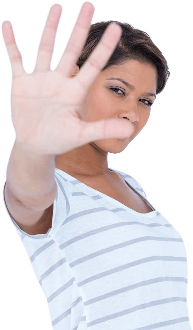 Transparent Portrait of Woman with Stop Hand Gesture