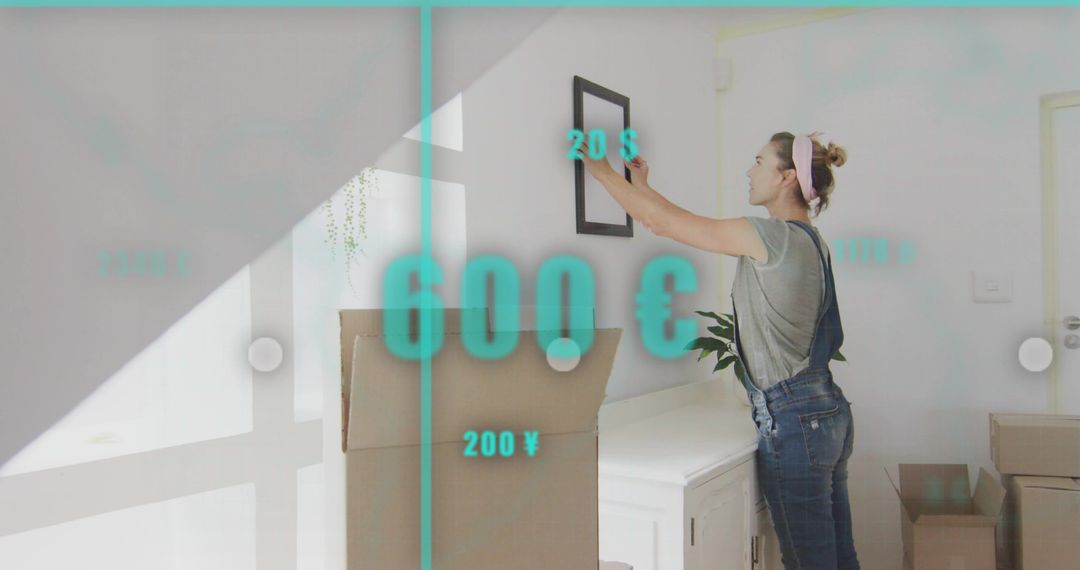 Woman Hanging Framed Picture During Move with Augmented Reality Price Overlays