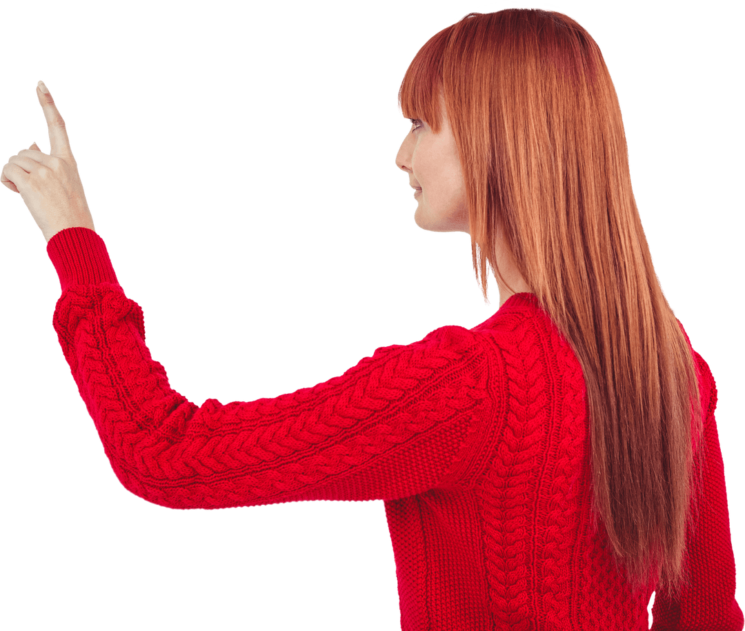 Smiling Redhead Woman Pointing with Transparent Background