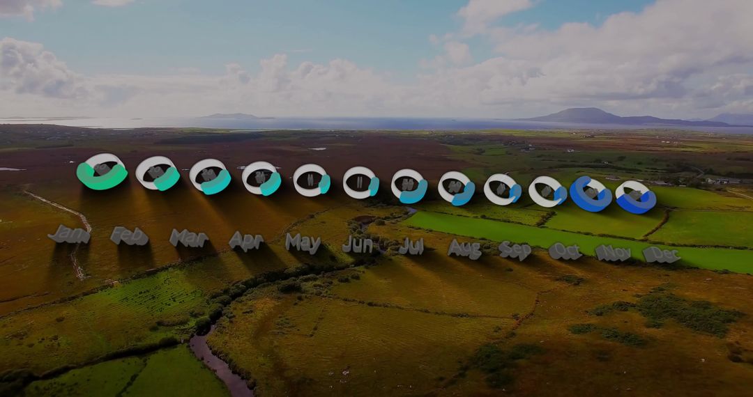 Digital Statistics Floating Over Scenic Landscape